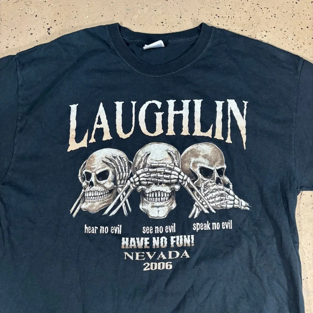 y2k vintage hanes black laughlin nevada 2006 skull graphic tee mens xl
